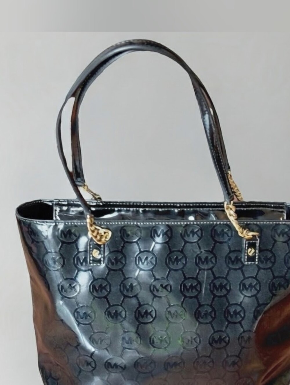 MICHAEL KORS Black Patent Logo Tote with Gold Chain Handles